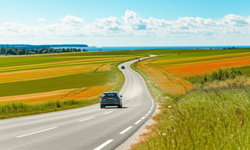 Scenic Danish road with car